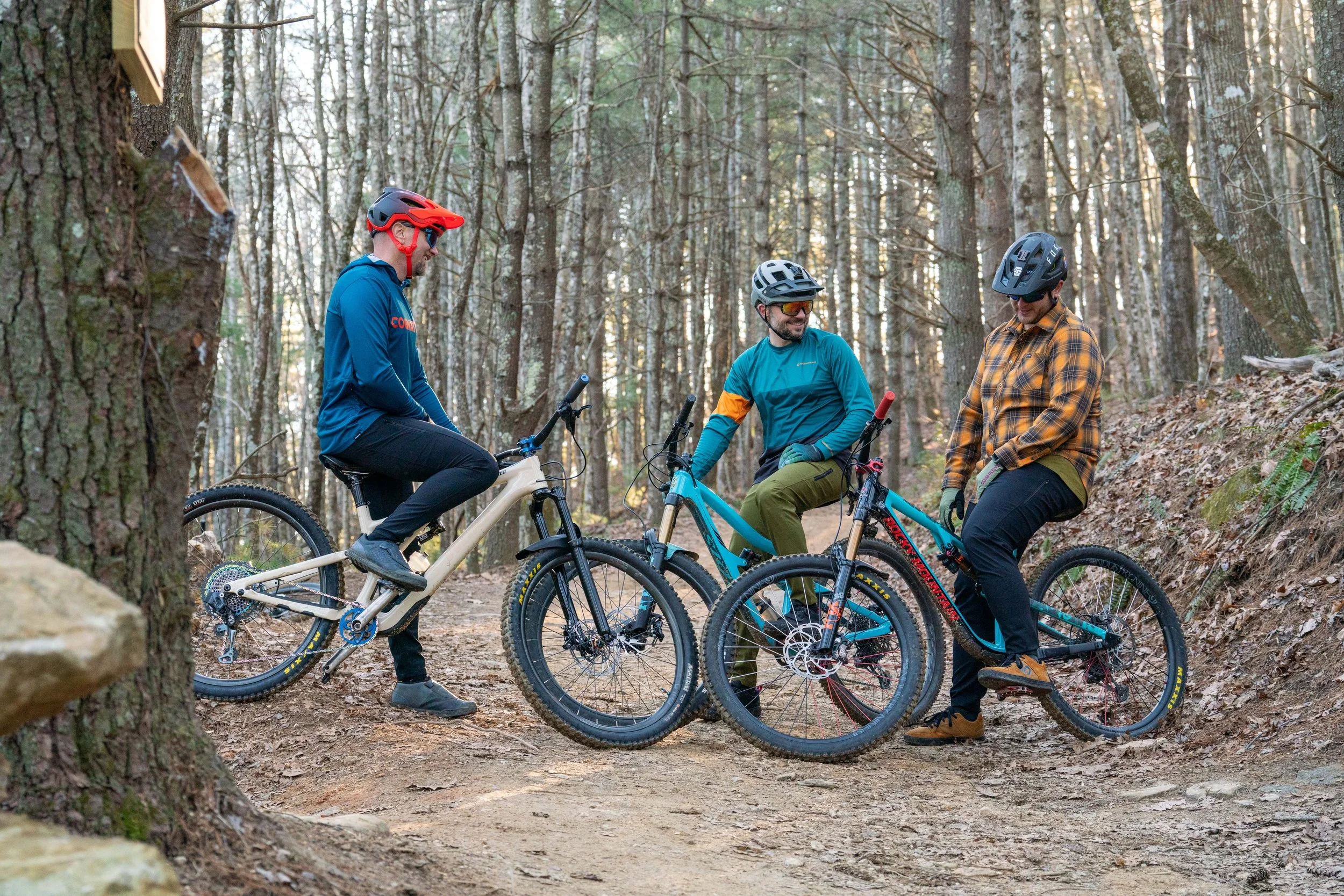 MTBers in fall and winter apparel enjoying Kanuga Bike Park