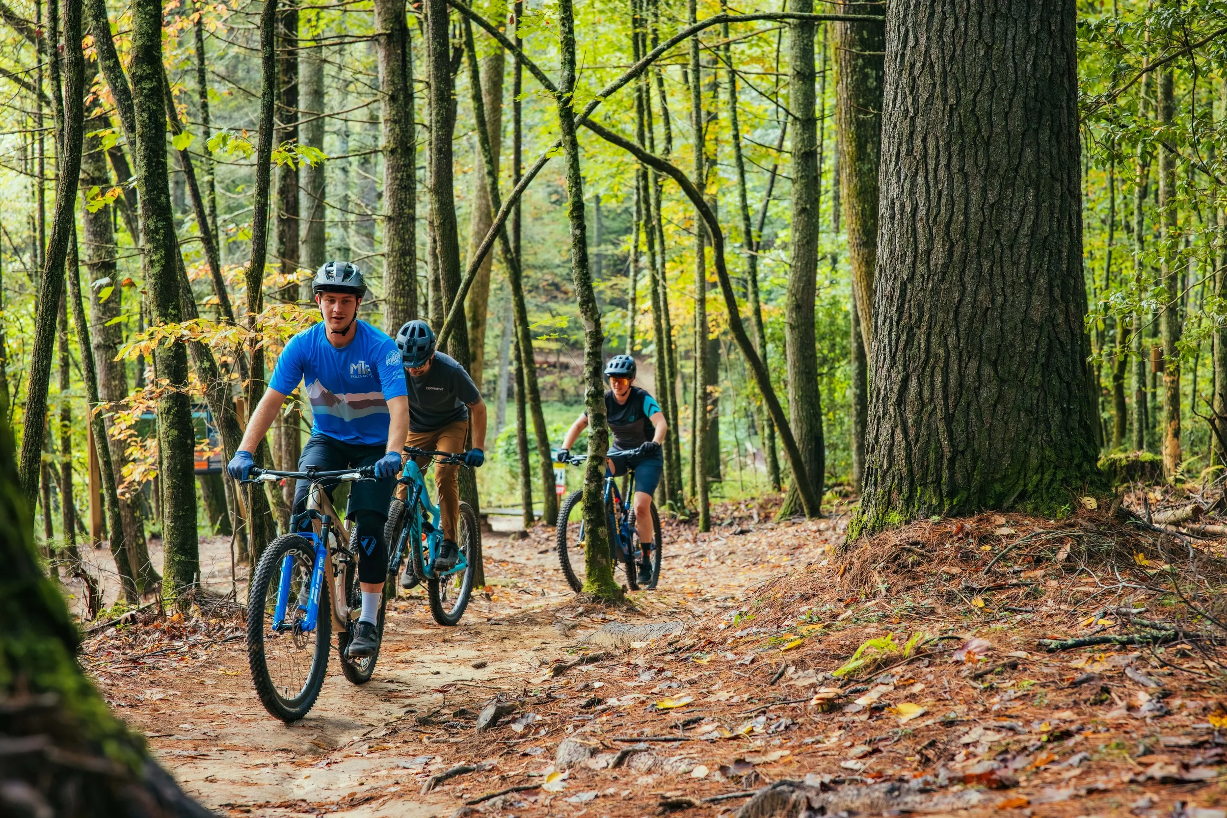 Three mountain bikers ride a trail in the Old Fort Area