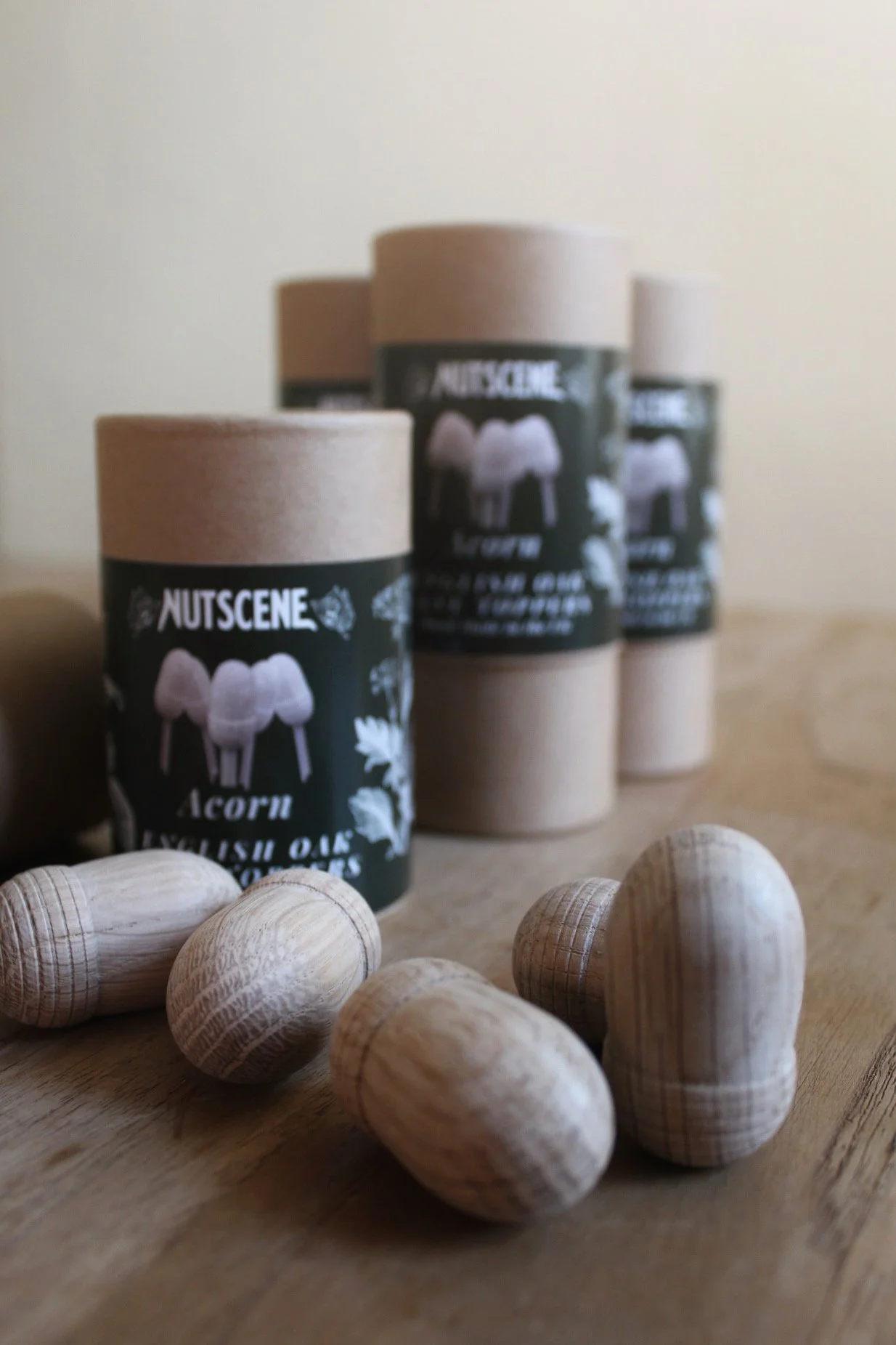 Nutscene oak acorn cane toppers made from hand-crafted oak for garden canes