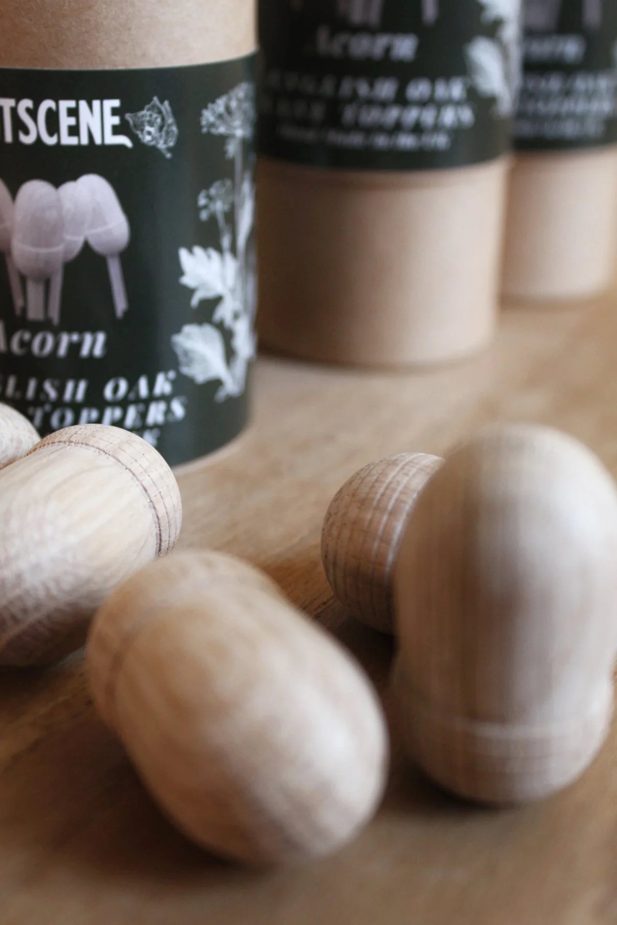 Nutscene oak acorn cane toppers made from hand-crafted oak for garden canes