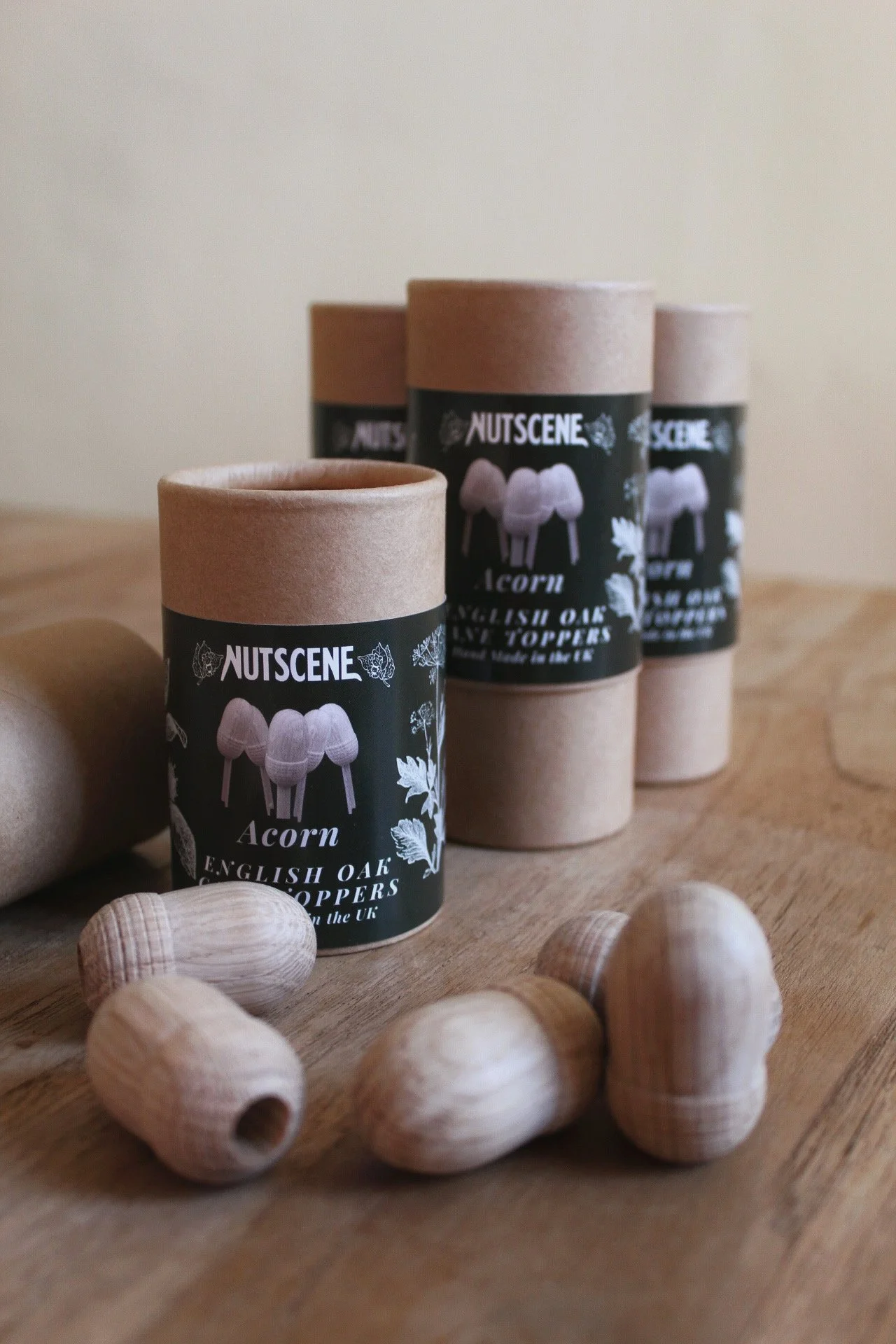 Nutscene oak acorn cane toppers made from hand-crafted oak for garden canes