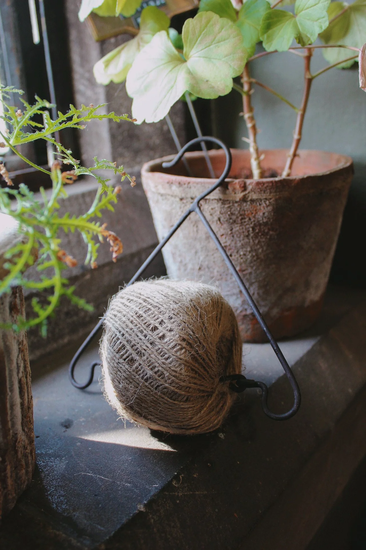 Garden twine holder with natural jute twine beside a terracotta pot in the greenhouse.