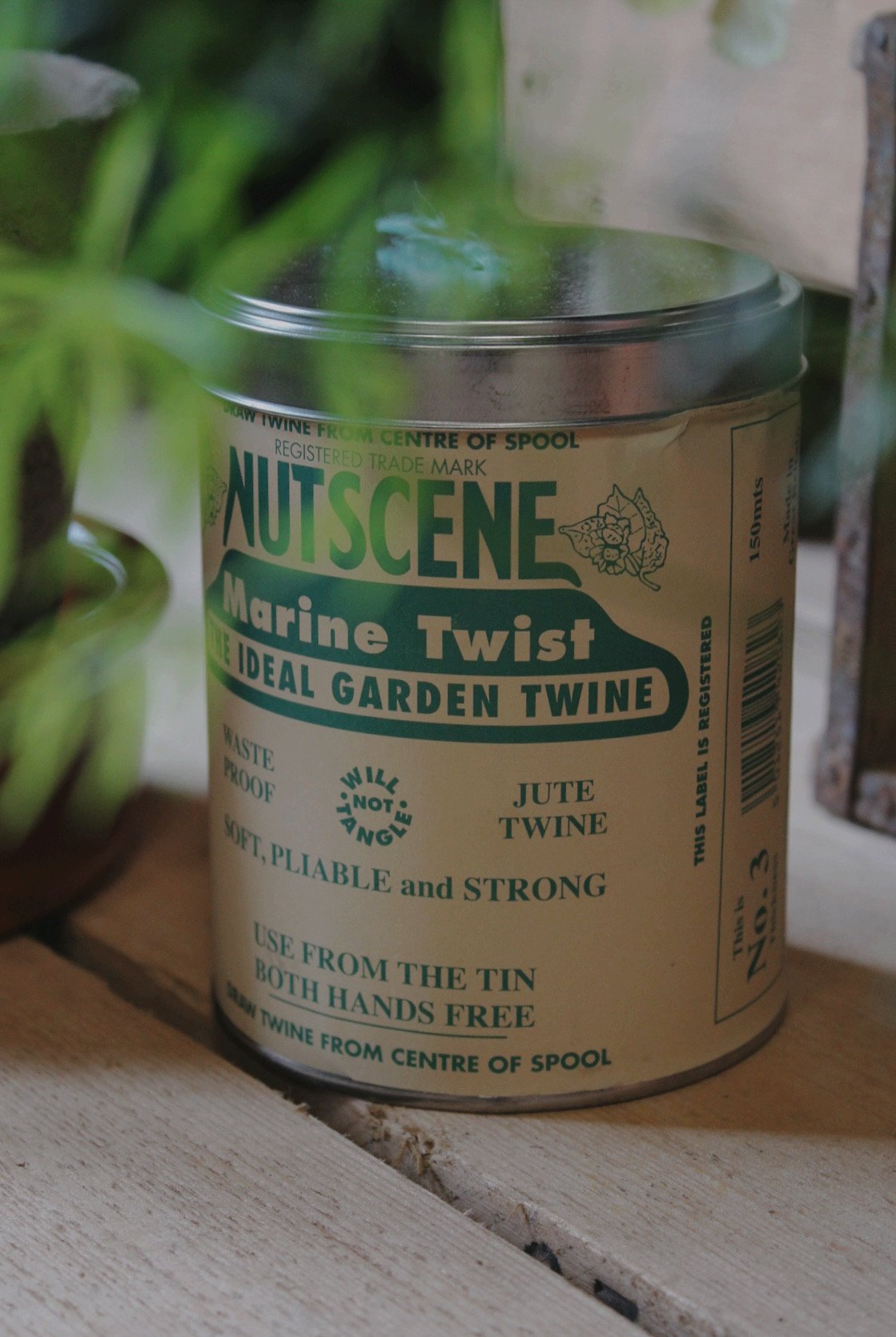 Twine in a Tin with cornflower blue, marine twist and peapod green garden twine options.