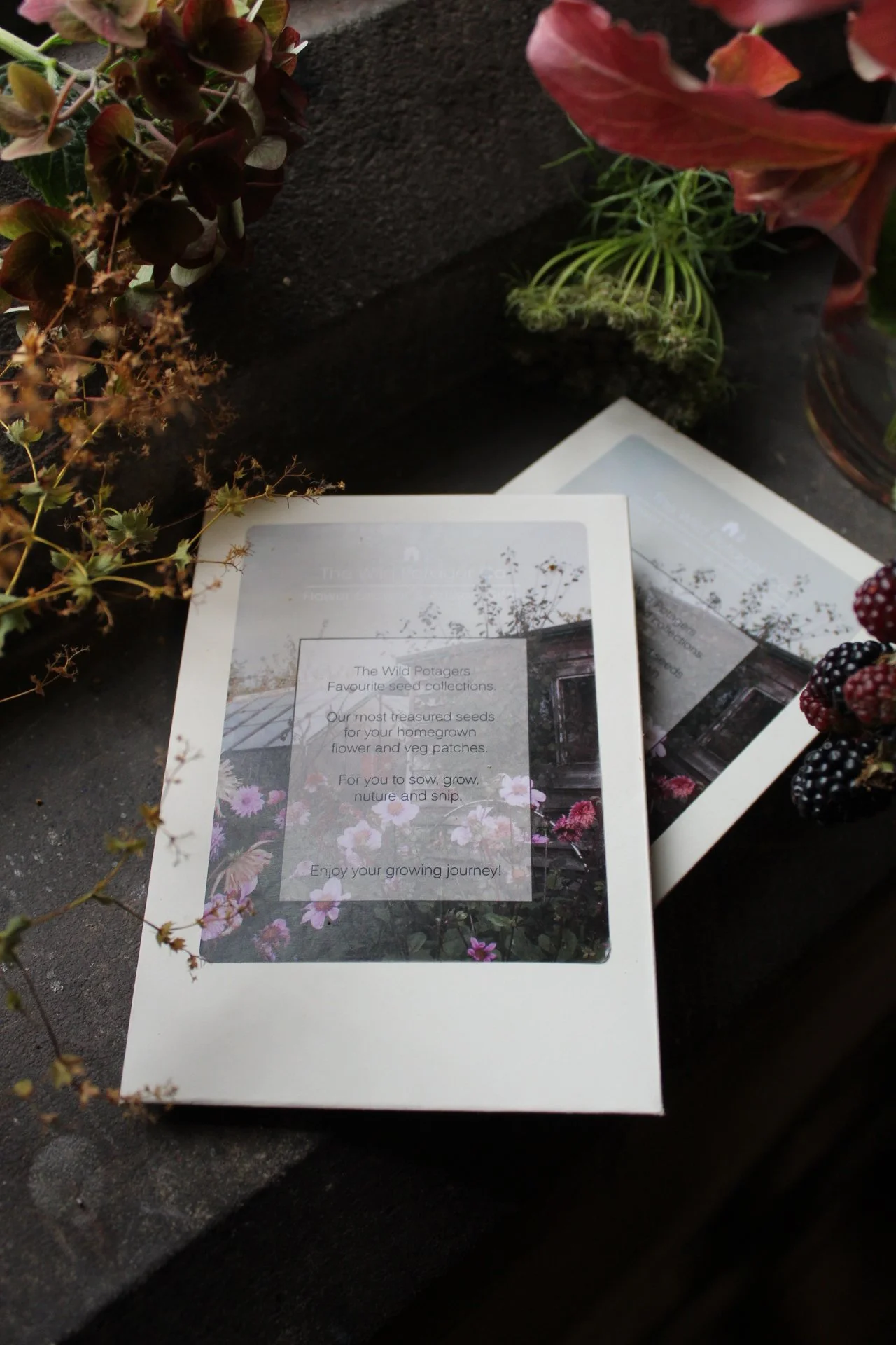 A Handful of Sweet Peas from The Wild Potager Co., with four selected sweet pea seed packets photographed alongside seasonal flowers and garden pickings in the studio.