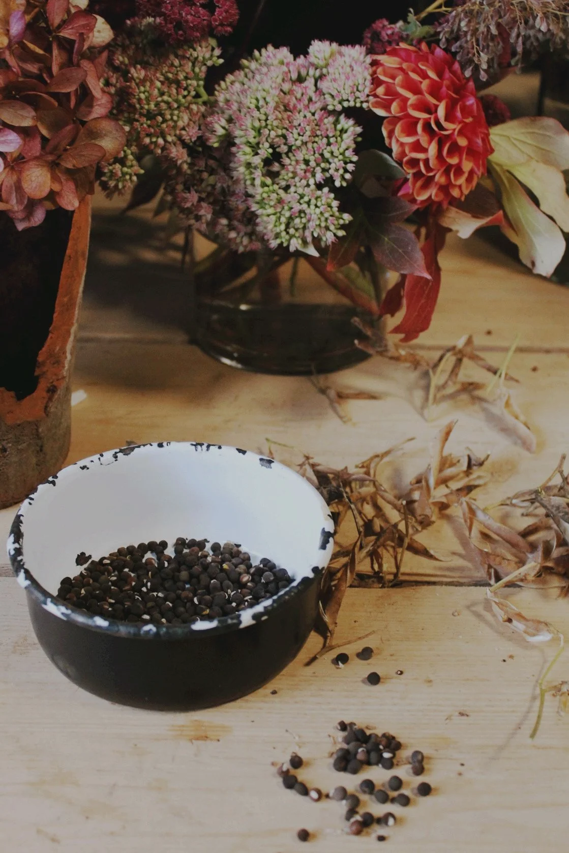 Flower seeds being sorted and saved by hand on the worktable at The Wild Potager Co.
