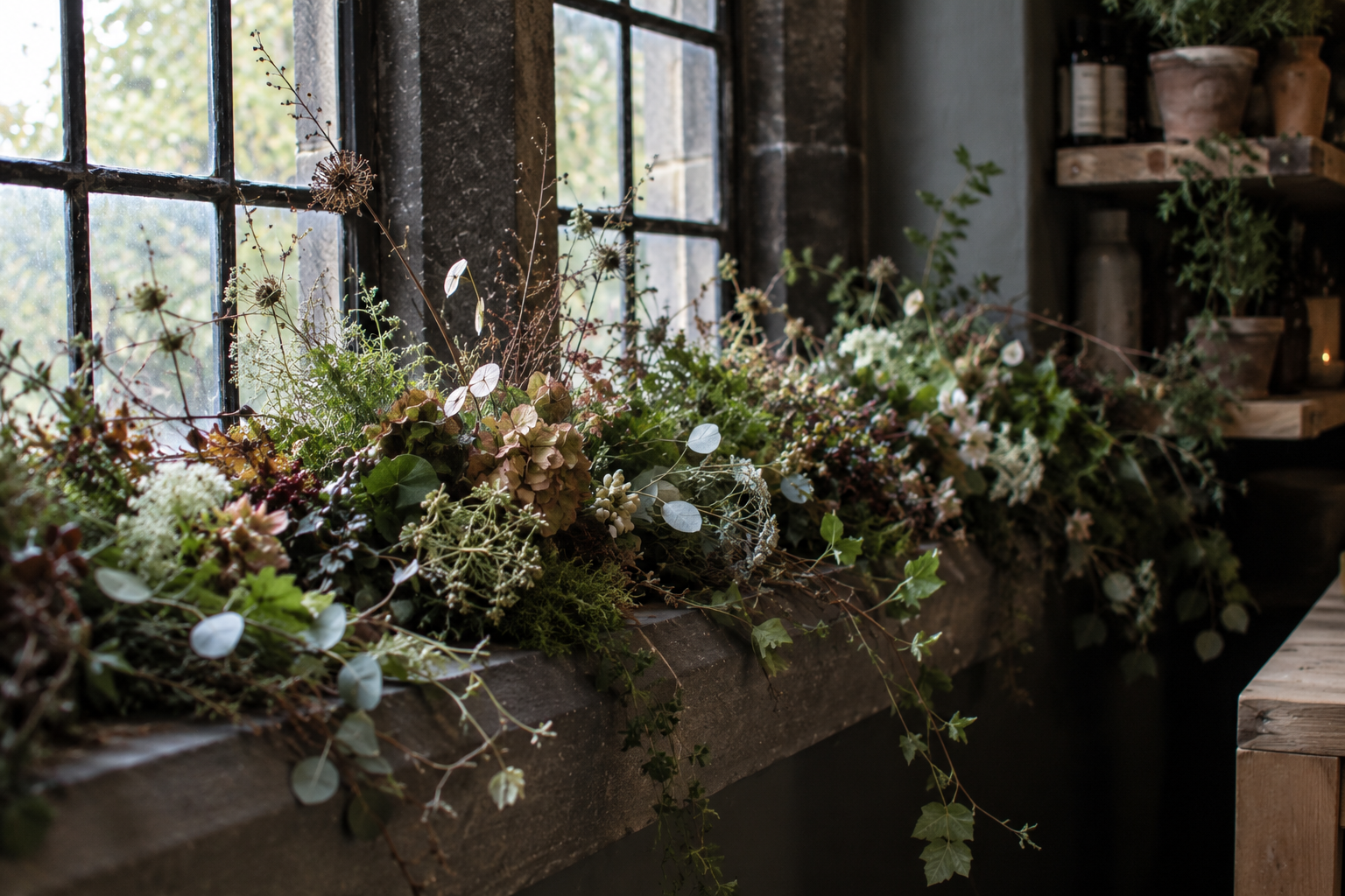 Rustic windowsill filled with lush dried and fresh floral garland, greenery, and trailing ivy in the wild potager co studio