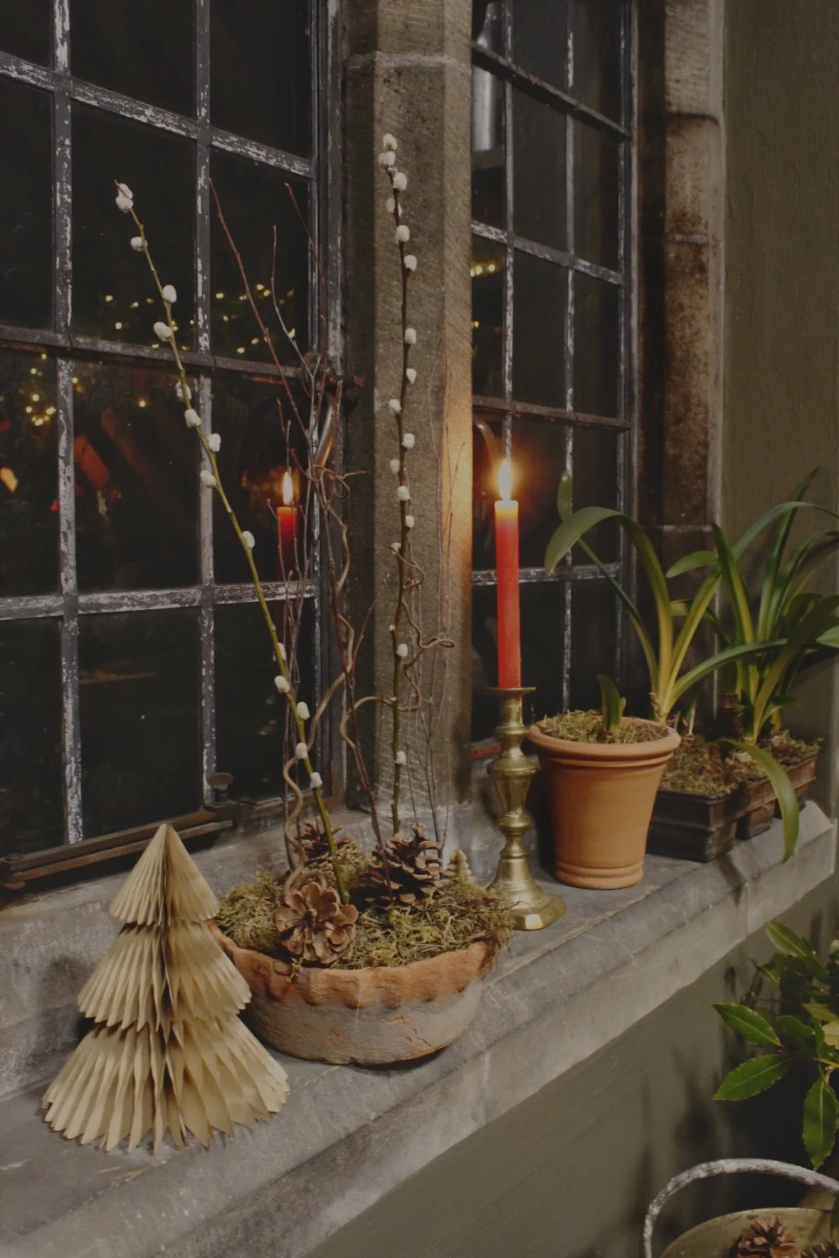 Decorative windowsill with candles, potted plants, pinecones, and a small paper Christmas tree, in a cozy indoor setting.