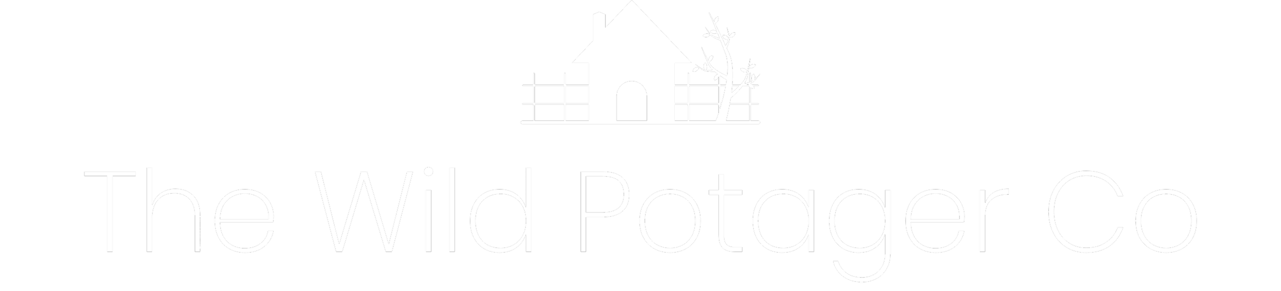 The Wild Potager Co. logo featuring a white potting shed and leafy branch with a fence on a black background