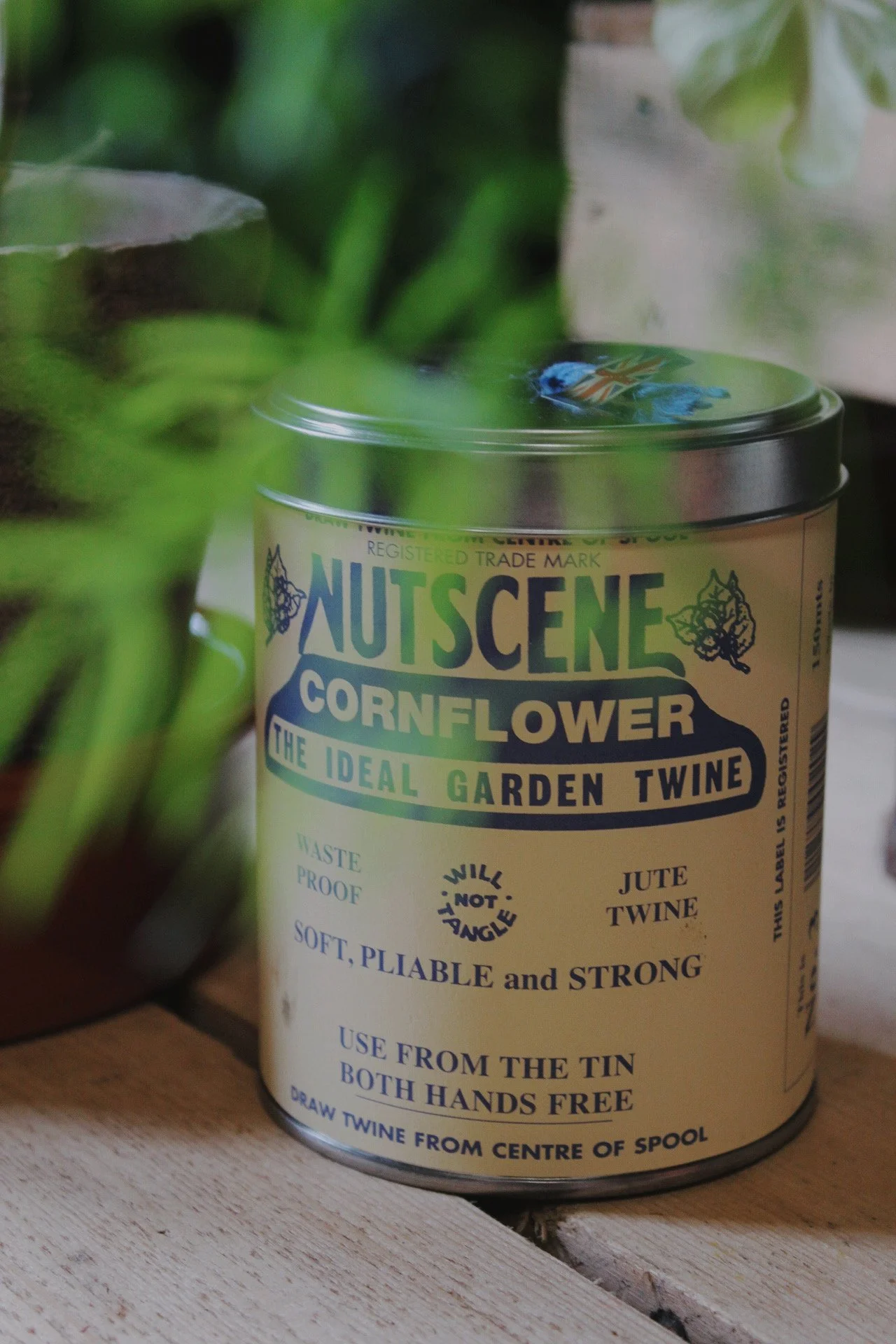 Twine in a Tin with cornflower blue, marine twist and peapod green garden twine options.