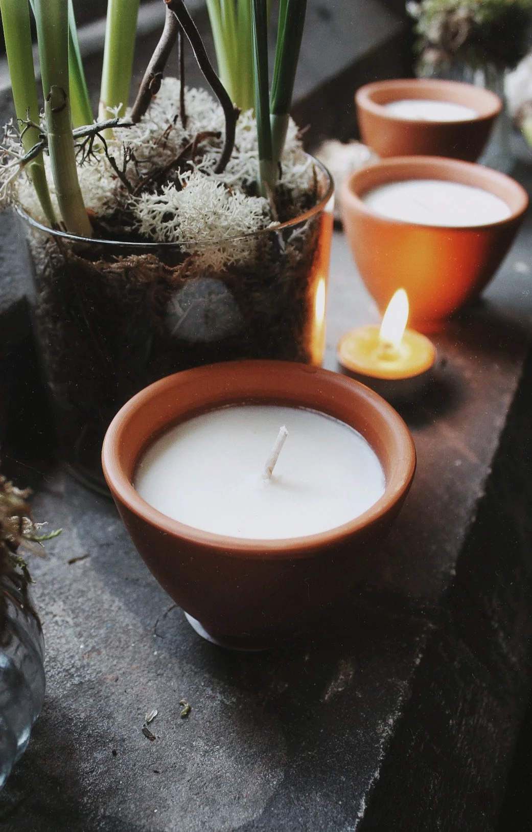 Potager herb candle in a natural terracotta dish with lemon balm, geranium and mint essential oils