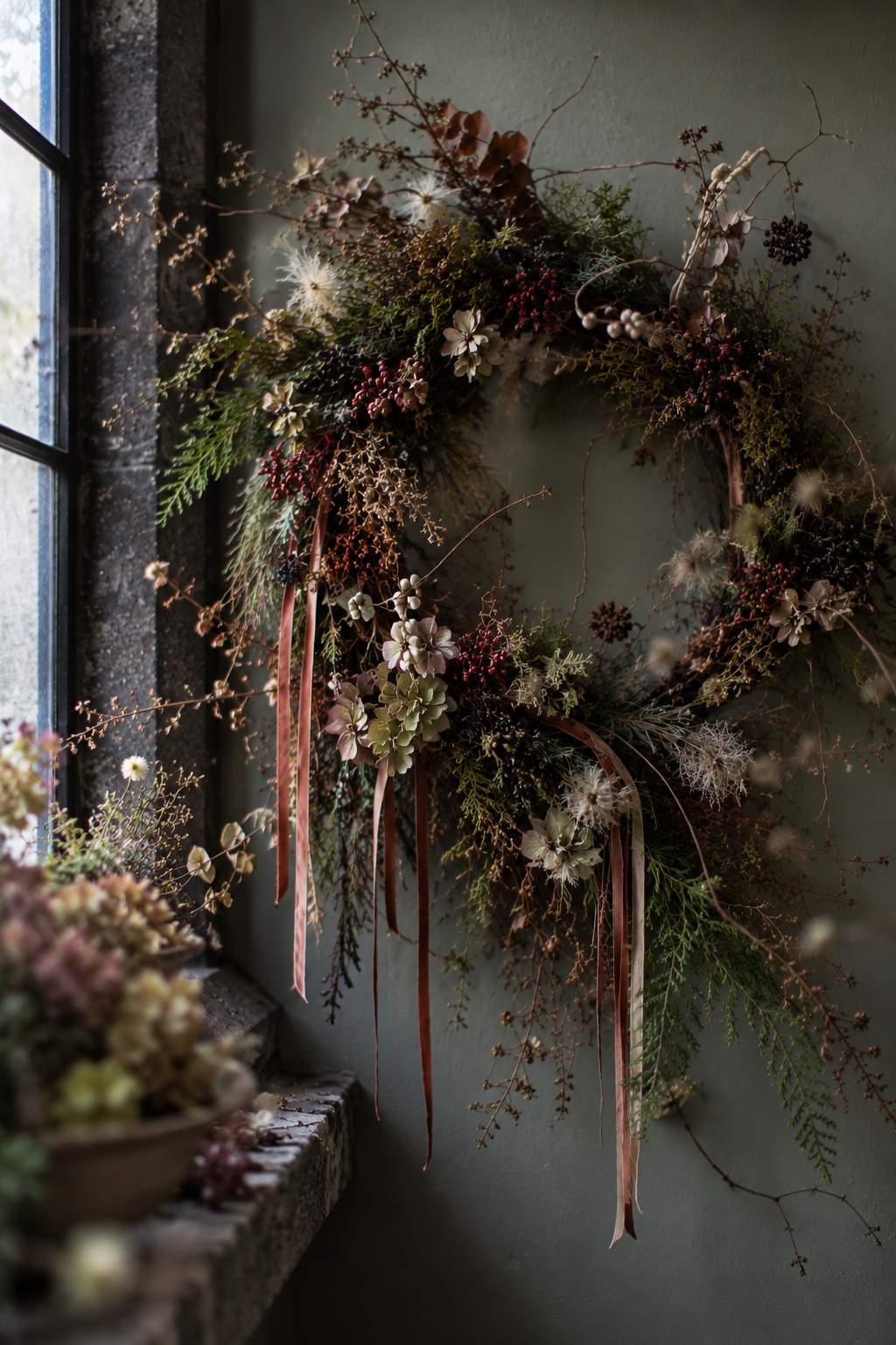 A commissioned rustic dried flower and greenery wreath arrangement with trailing ribbons beside a sunlit window in the Wild Potager Co studio