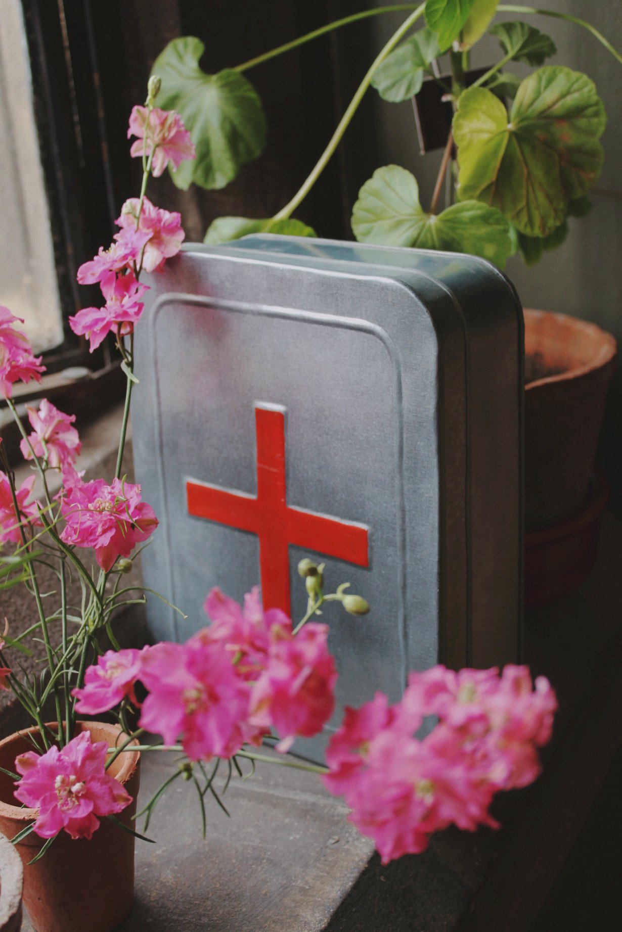 Galvanised Potager Rescue Tin with red cross, shown among potted flowers and garden plants.
