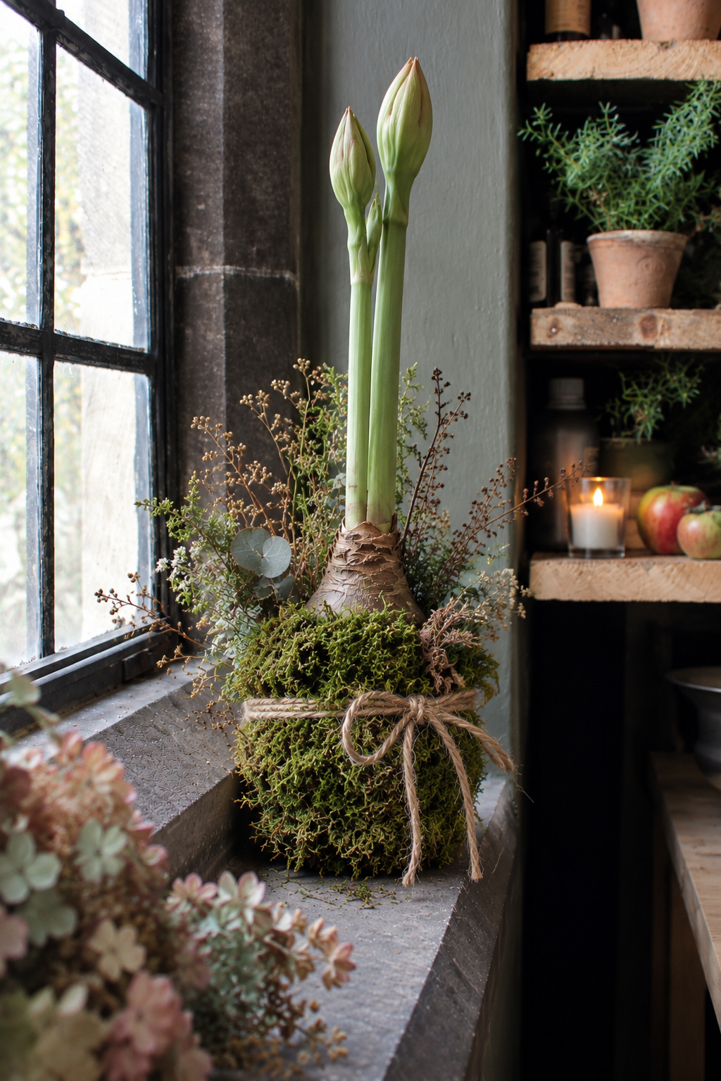 Amaryllis bulbs and greenery arranged in moss and tied with twine on a windowsill in the wild potager co studio
