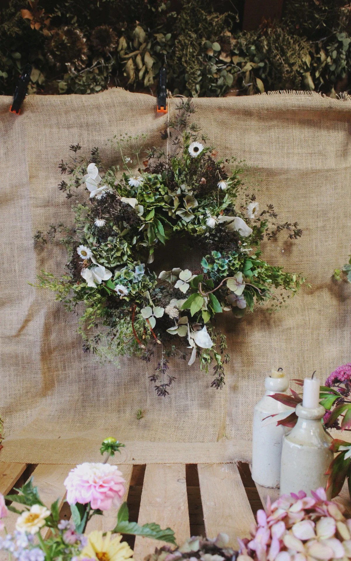 Autumn Arrives wreath with fresh hydrangeas, sedum, bay and marjoram