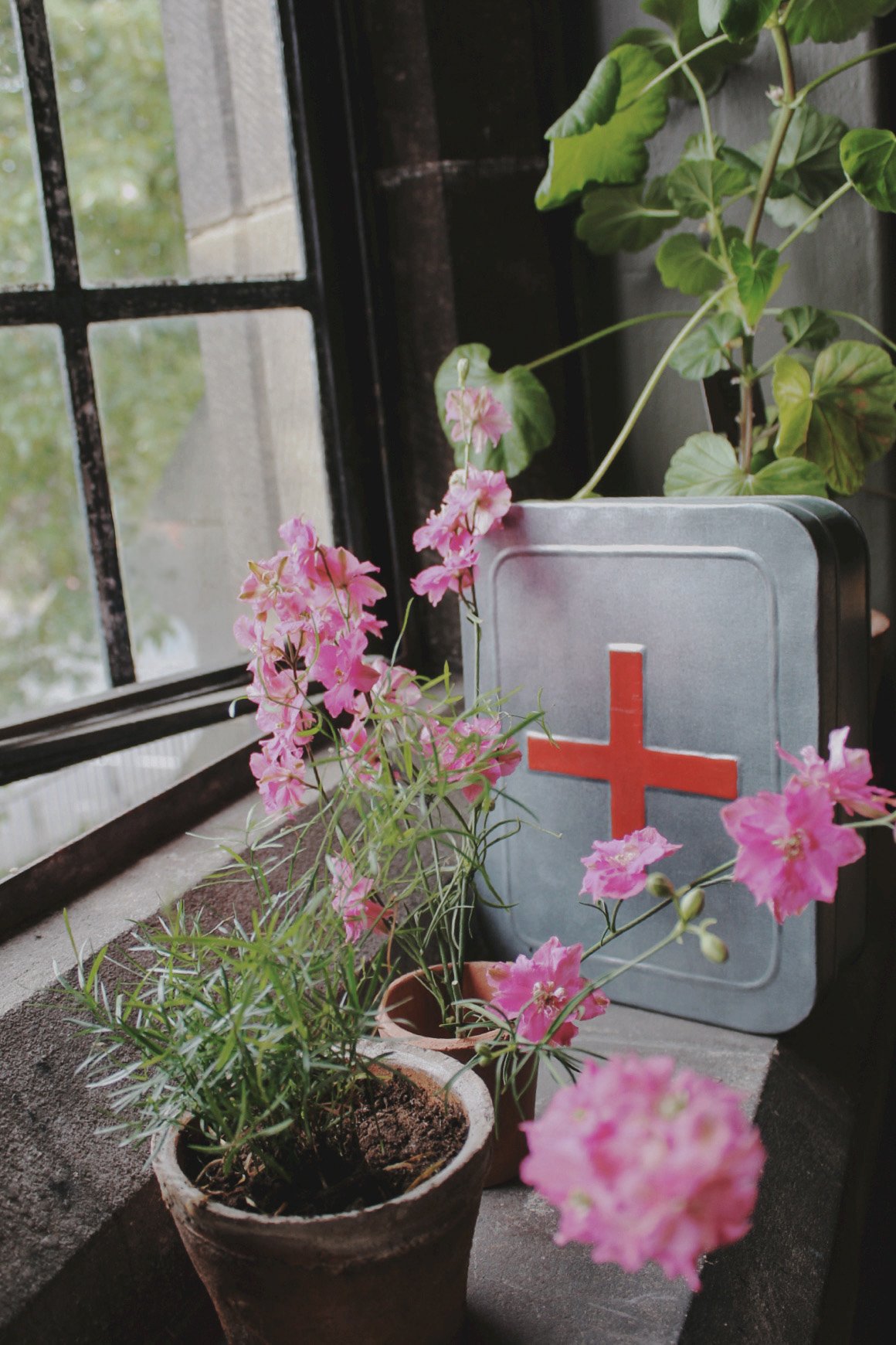 The Wild Potager Co potting shed with pink flowers in pots beside a vintage metal garden box by the window