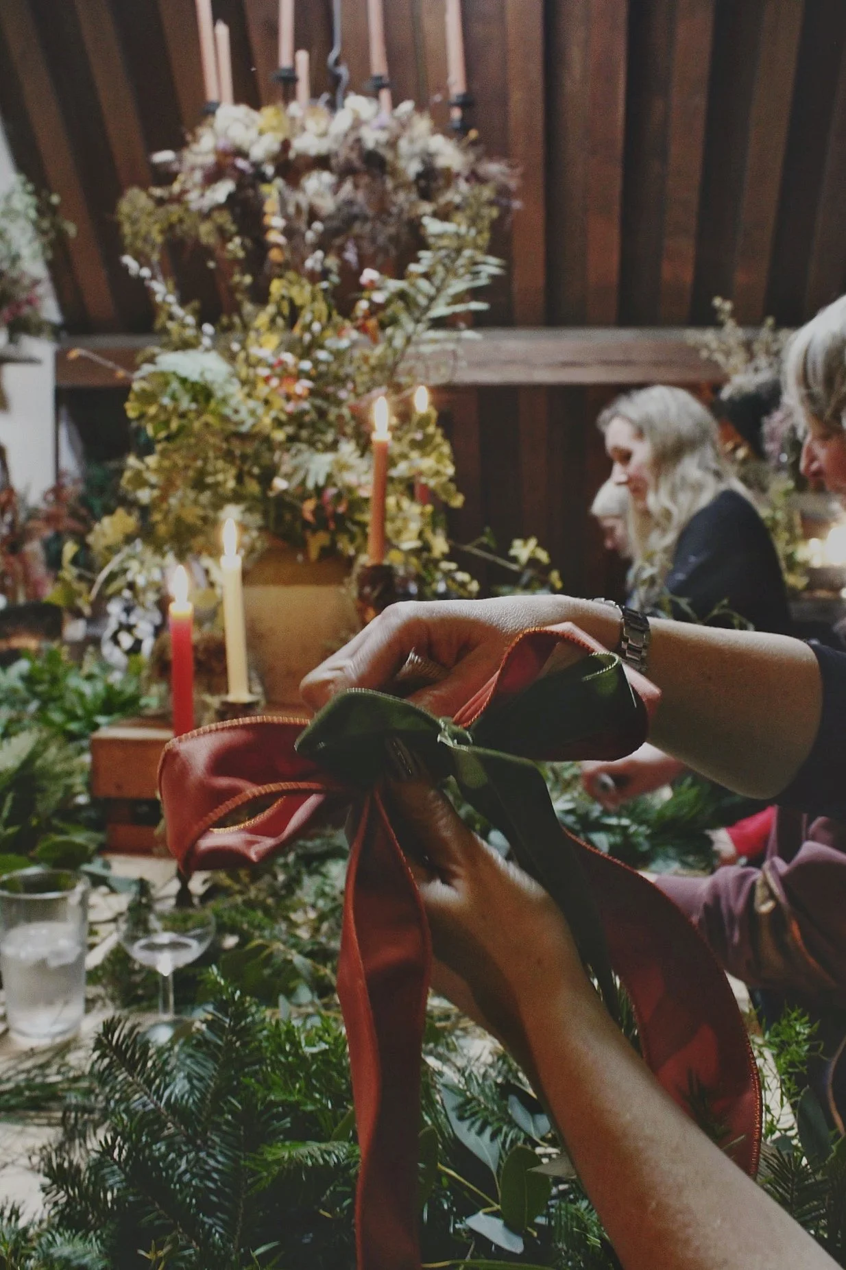 Wreath making class with the best Potager customers. Surrounded by candle light and greenery.