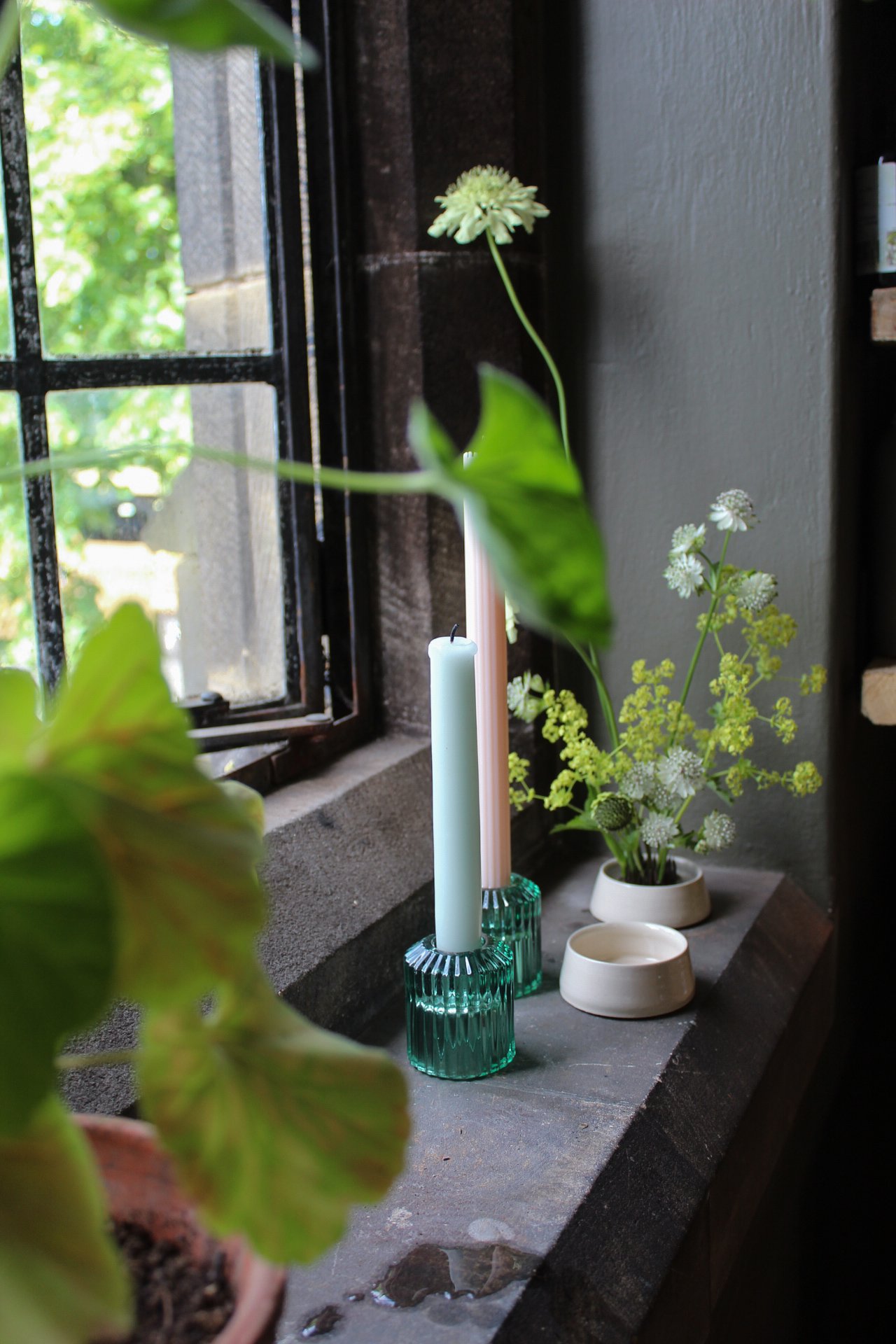 A quiet flower room with fresh seasonal flowers and foliage arranged in small vessels beside the window