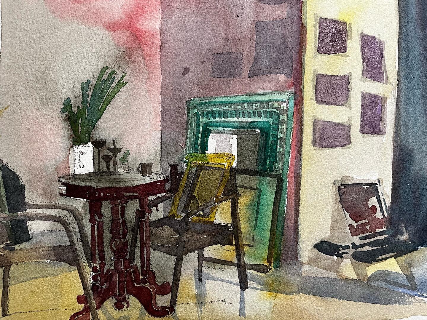 Thank you for letting me draw your apartment while we chat @mysquiggles and for allowing the universe to melt and become a swirl of colours where your tv would have been. #watercoloursketch #interiorsinwatercolours #yourhomeinwatercolour #etchrsketch