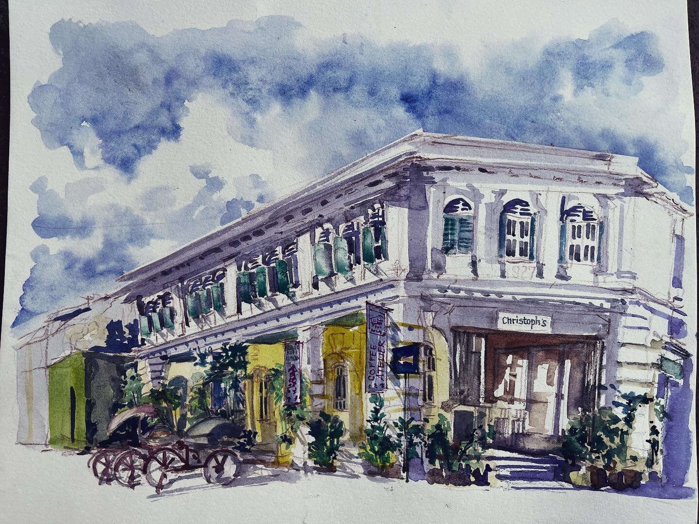 Day 3 in Georgetown, Penang. 

Painting on loose A3 paper seems to be more and more what I want to do and not in a sketchbook. 🥵good but bulkier. Ah well. This is using left hand sketching and my muse colour : Carbazole Violet for most of the darks,