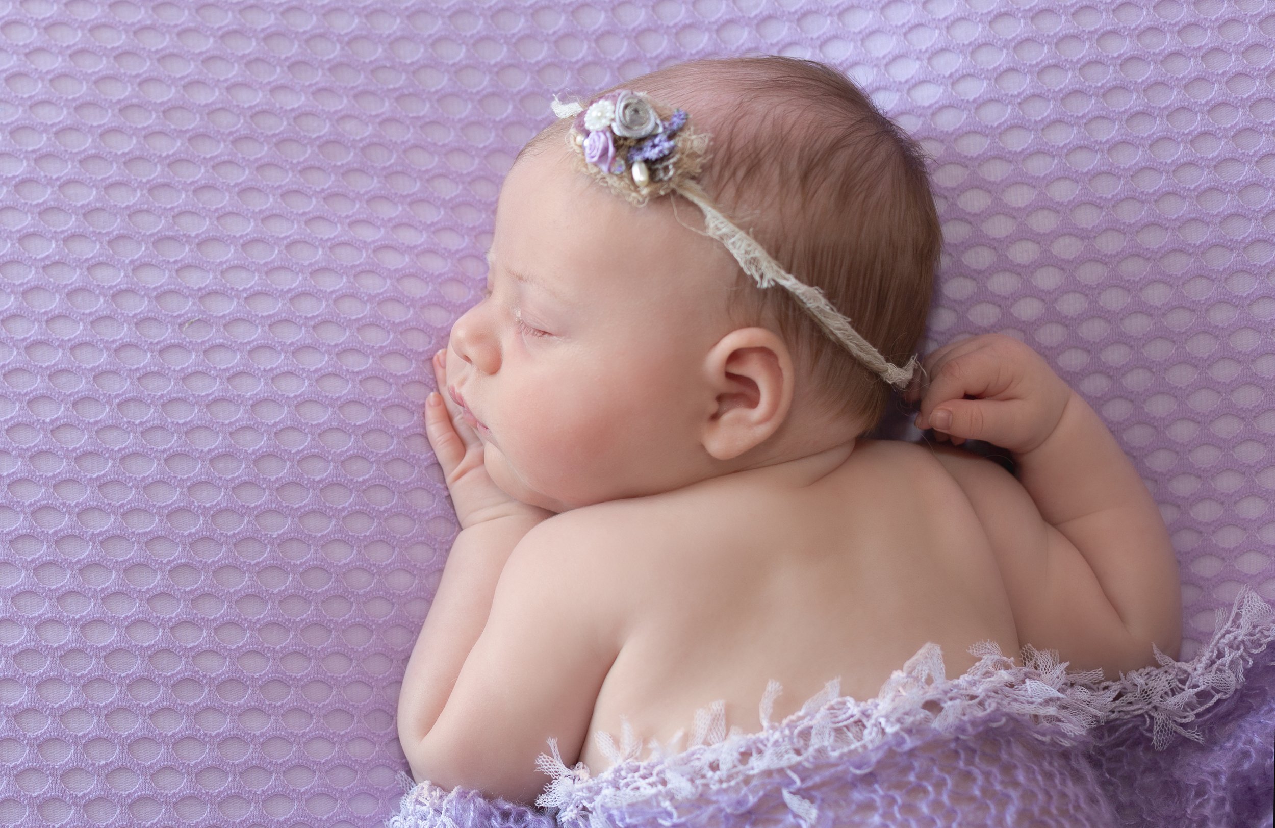 newborn posed baby girl in purple with pretty tieback