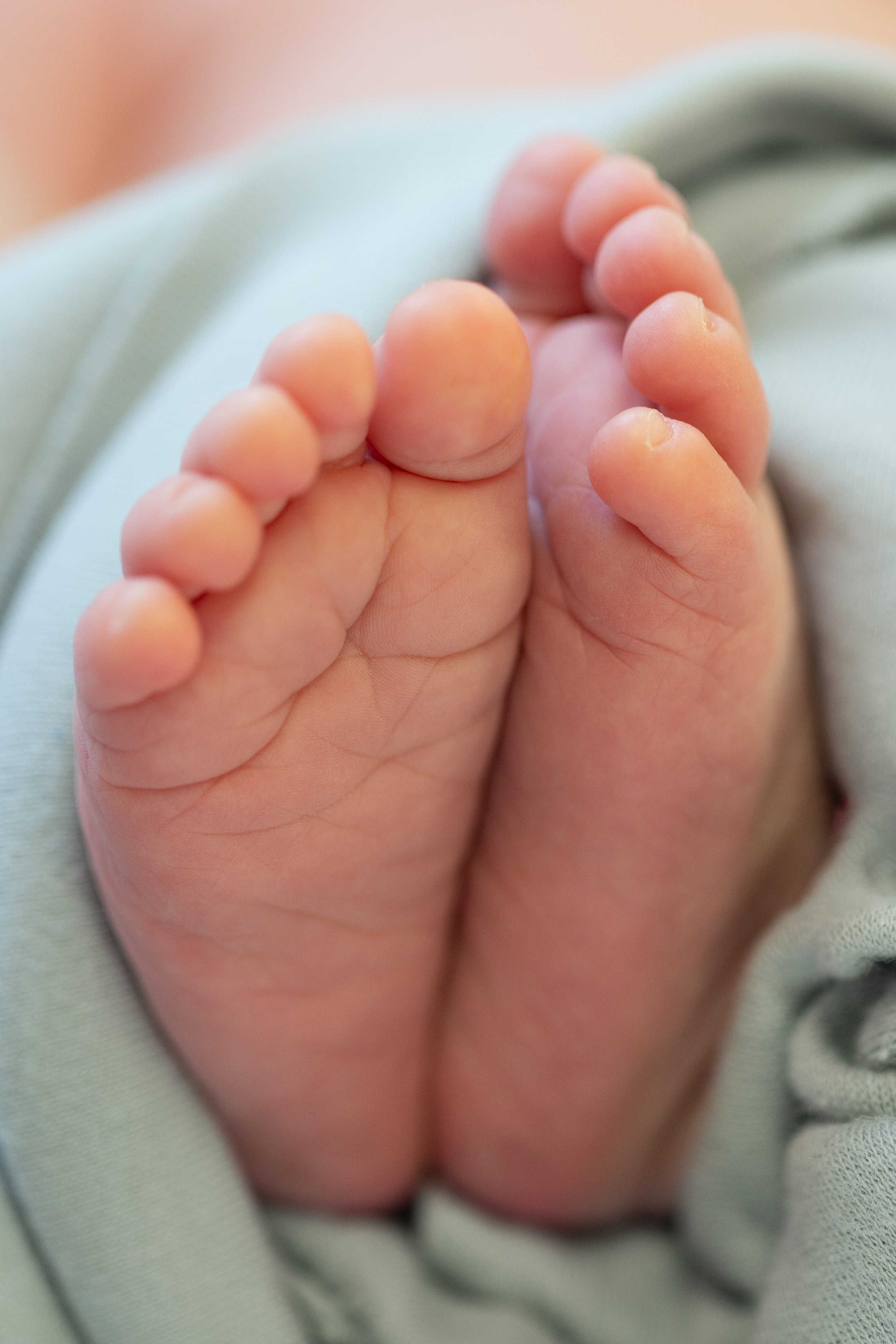 newborn baby feet swaddled in blue
