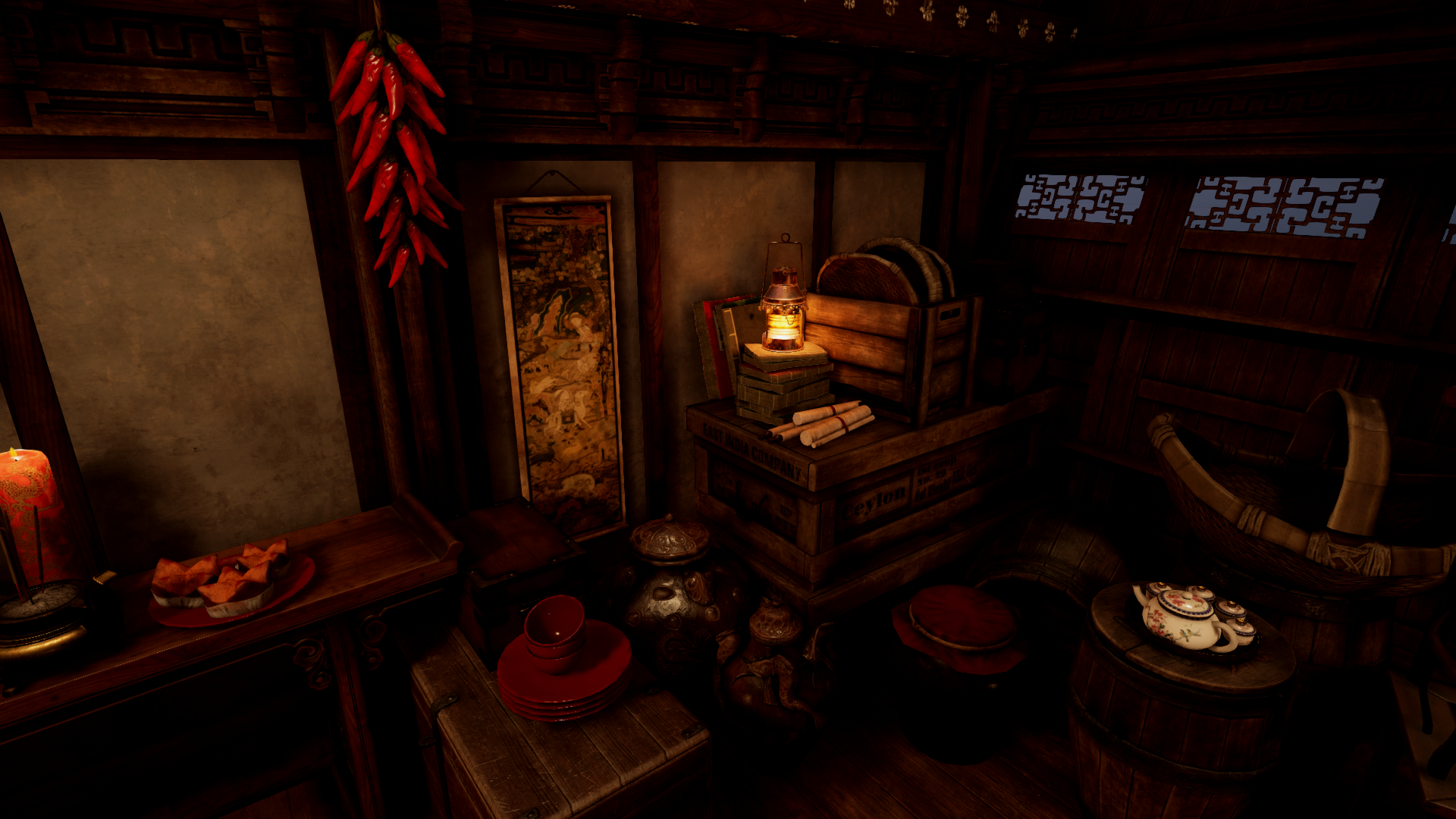 Night of Succession VR experience artwork from The Pirate Queen, showing a lantern-lit interior scene supported by the BFI and ScreenSkills.