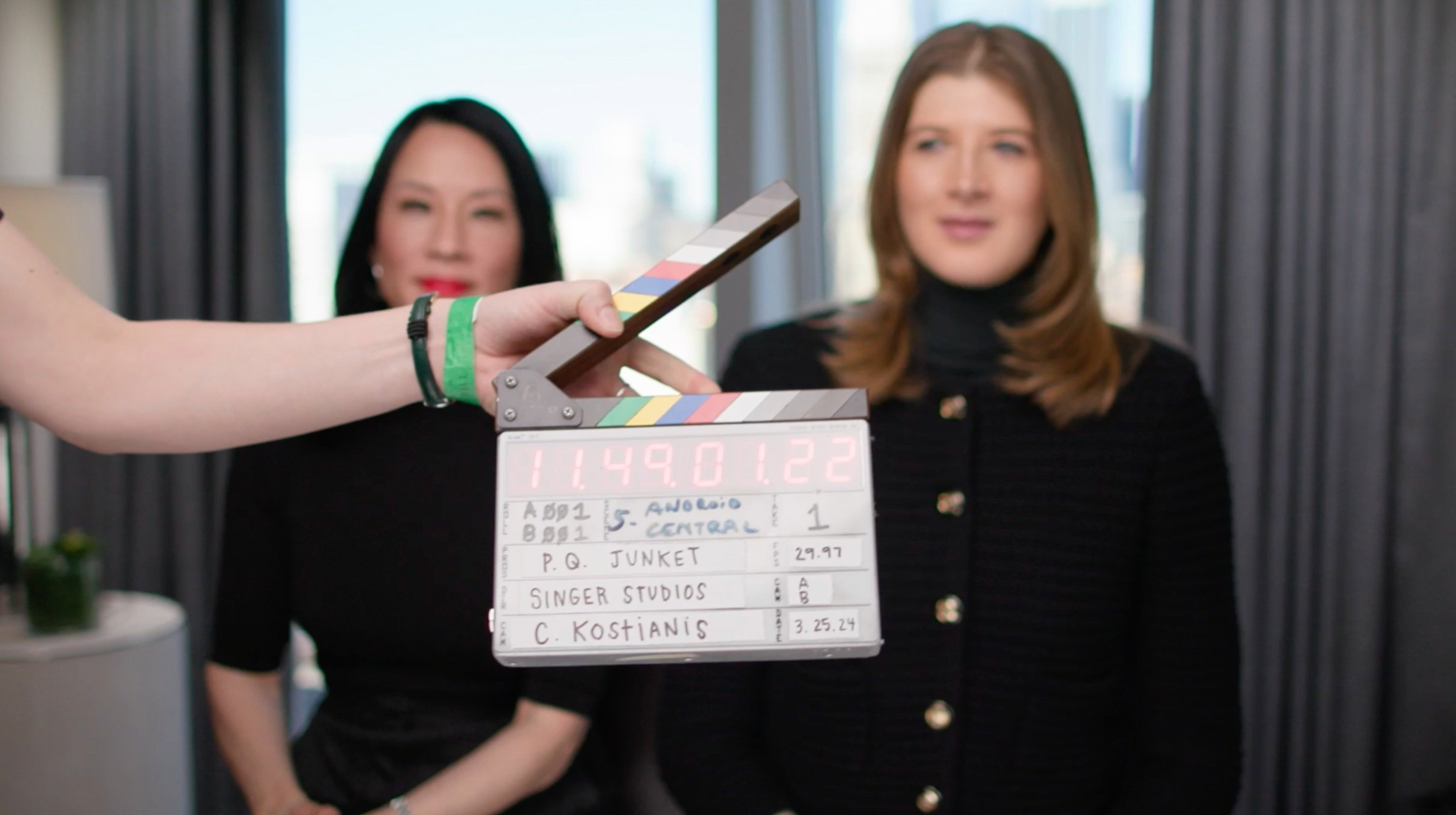 Lucy Liu and Eloise Singer on The Pirate Queen VR film set holding clapperboard for Emmy-nominated production