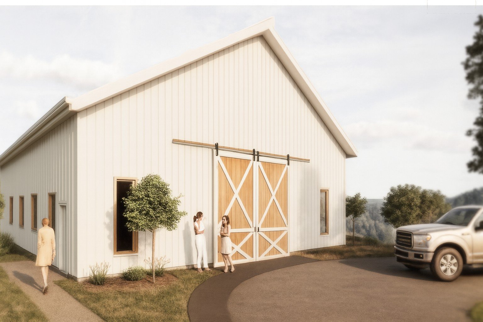White event barn exterior rendering with board-and-batten siding, sliding wood doors, and scenic wooded property views at Riverbend Orchard wedding venue near Portland, Oregon