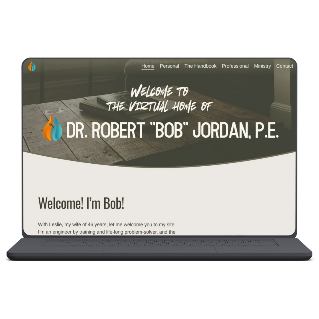 Screenshot of a personal website for Dr. Robert 'Bob' Jordan, P.E., with navigation menu and a welcome message.