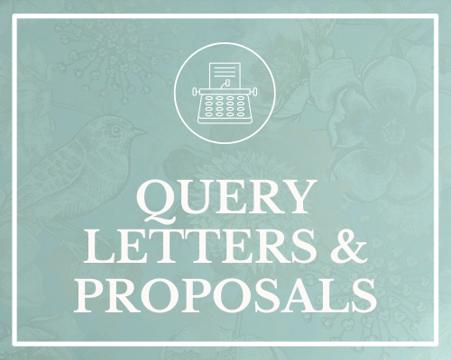 A light green background with a vintage botanical design and the text 'Query Letters & Proposals' in white, featuring an icon of a typewriter.