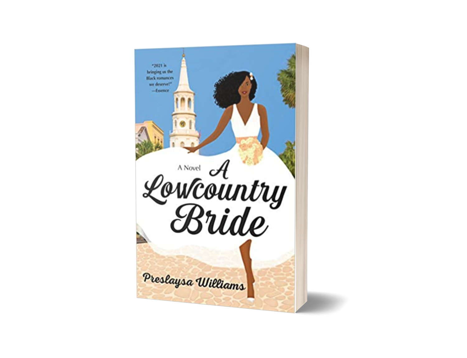Book cover of "A Lowcountry Bride" by Preslaysa Williams featuring an illustration of a woman in a white dress holding flowers, with a church tower and trees in the background.