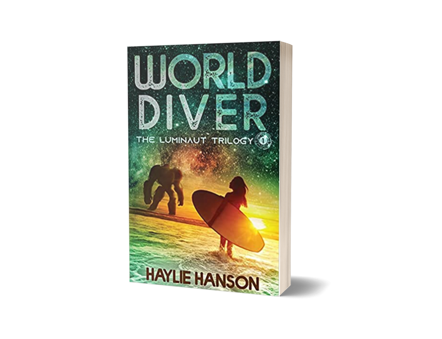 Book cover for 'World Diver' by Haylie Hanson, featuring a surfer in the ocean at sunset with a colorful galaxy sky and a large creature in the background.