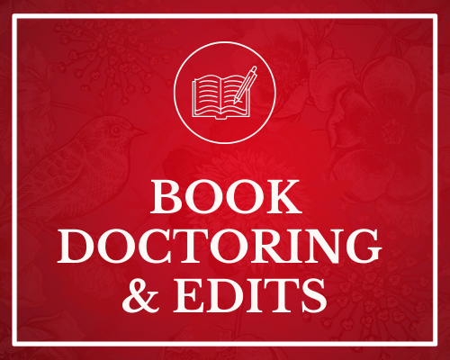 Red background with white text that says "Book Doctring & Edits" and a small icon of an open book with a pencil at the top.
