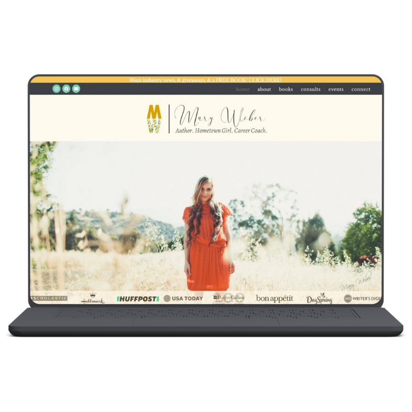 Webpage of Mary Weber, author and career coach, with a photo of a woman in an orange dress standing in a field, and header and sponsor logos.
