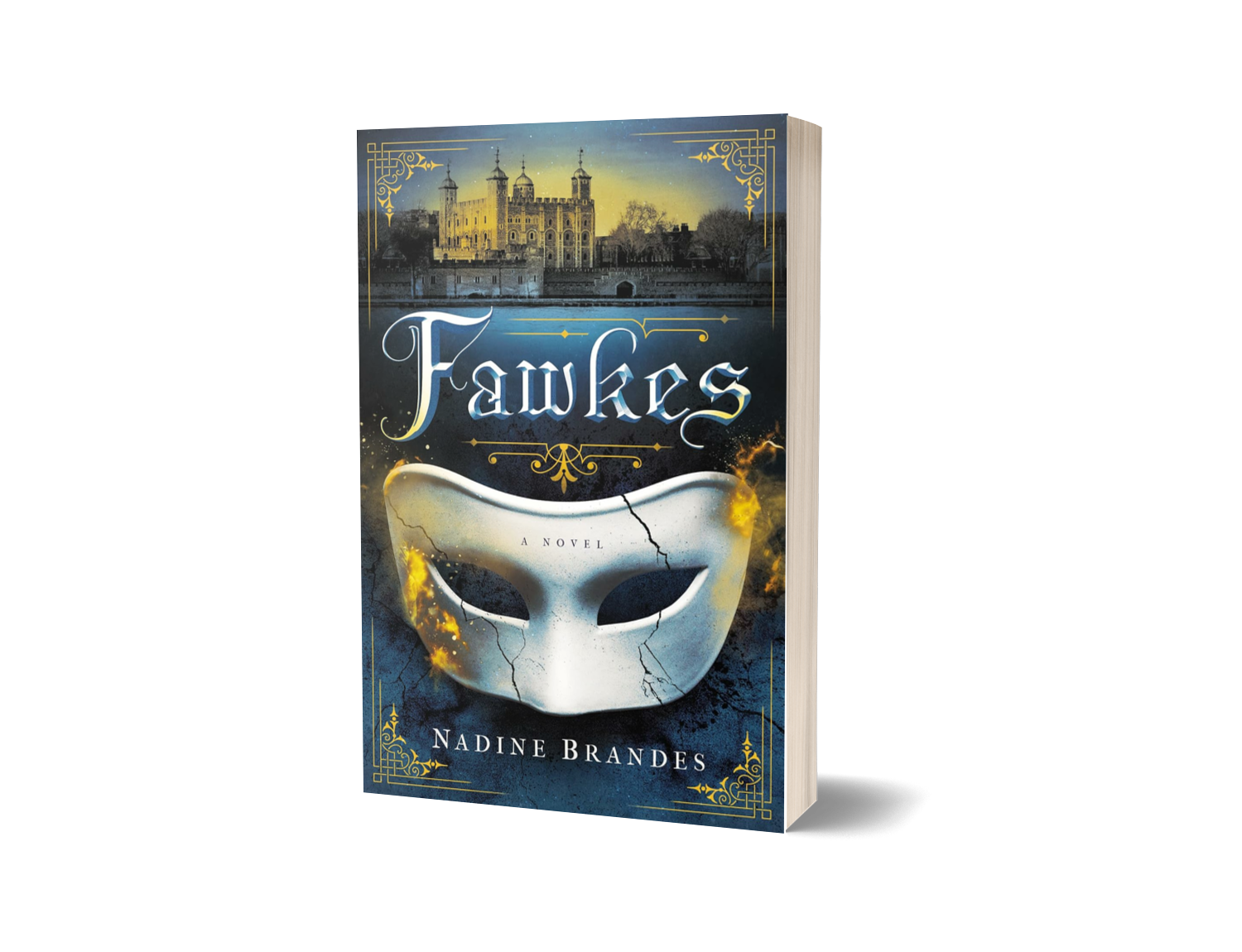 Book cover titled "Fawkes" by Nadine Brandes, featuring a white mask with cracks and fire, and a background of a castle on a river.