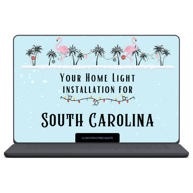 Laptop screen displaying holiday-themed graphic with pink flamingos, palm trees, and colorful string lights, advertising home light installation services for South Carolina.