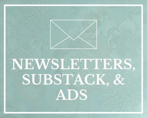 Light teal background with a white outline of an envelope at the top center, and text that reads 'NEWSLETTERS, SUBSTACK, & ADS' in bold white font, with a faint floral and bird pattern in the background.