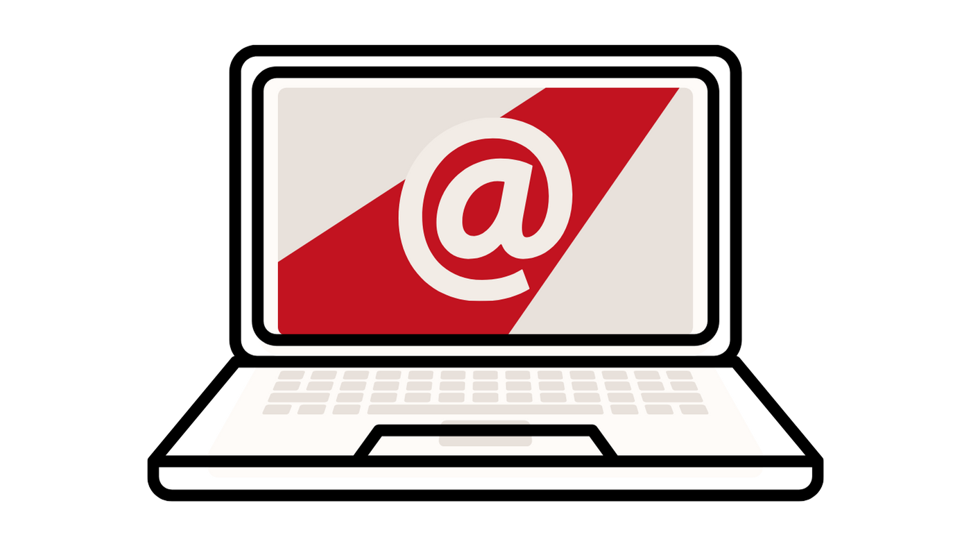 An illustration of a laptop computer displaying an email symbol (@) on the screen, with a black background.