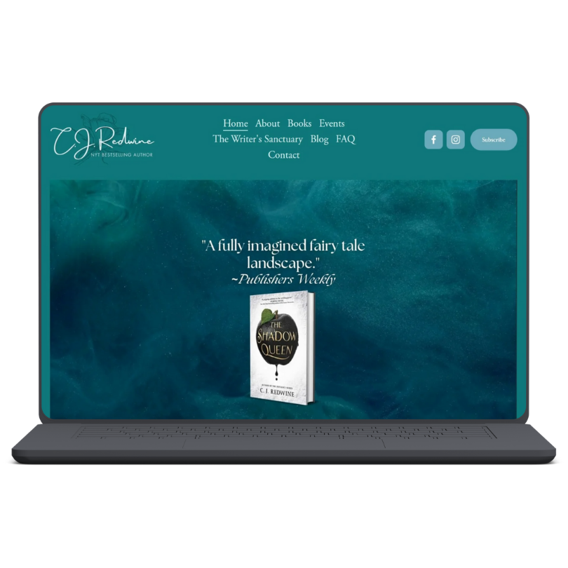 Screenshot of a website homepage for an author named C.J. Redwine. The page features a quote about fairy tale landscapes and a book titled 'The Shadow Queen'. The website menu includes Home, About, Books, Events, The Writer's Sanctuary, Blog, FAQ, and Contact. Social media icons for Facebook and Instagram are also visible.