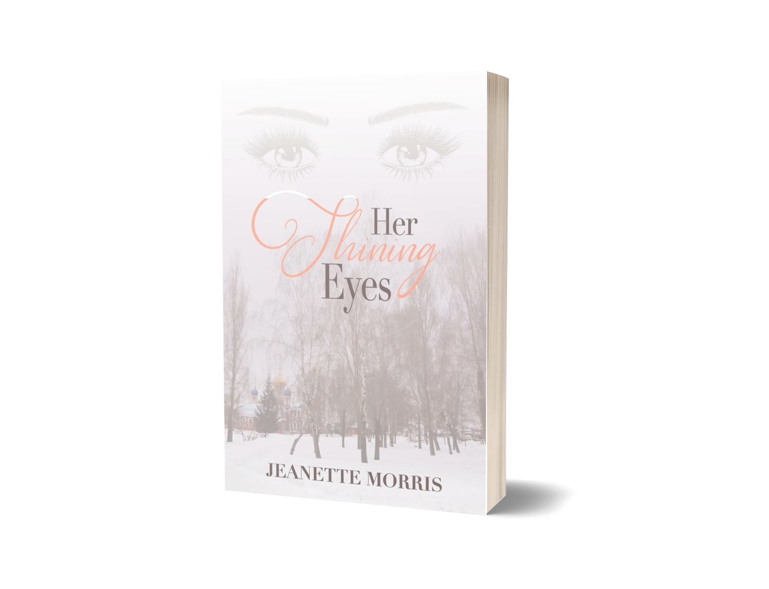 Book titled "Her Shining Eyes" by Jeanette Morris, featuring a snowy landscape with bare trees and a distant church, with large, faded eyes above.