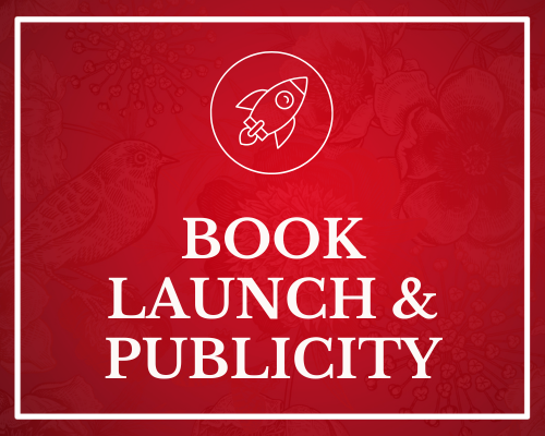 Red background with a white rocket icon at the top and the text "Book Launch & Publicity" in large white letters in the center.