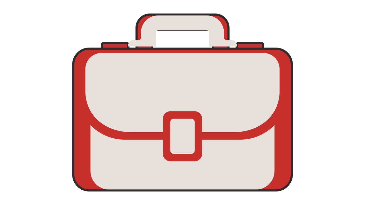Illustration of a red and white briefcase on a black background.