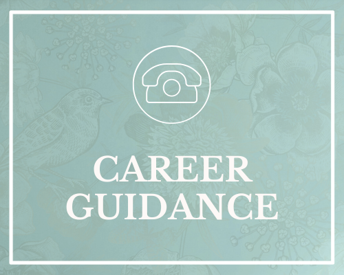A teal background with floral and bird illustrations, white text that reads "Career Guidance," and a white outline of a vintage telephone above the text.