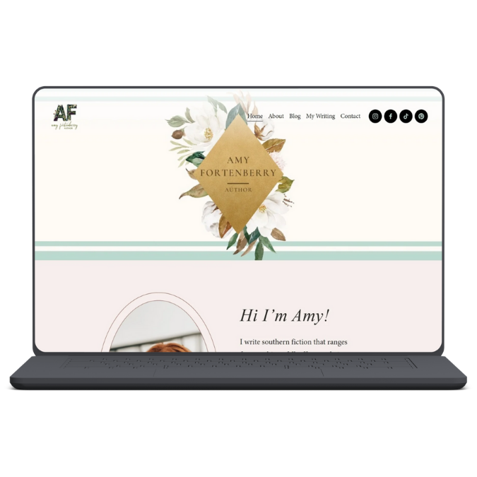 Screenshot of a personal website homepage for Amy Fortenberry, an author, featuring a floral logo, navigation menu, and an introduction section.