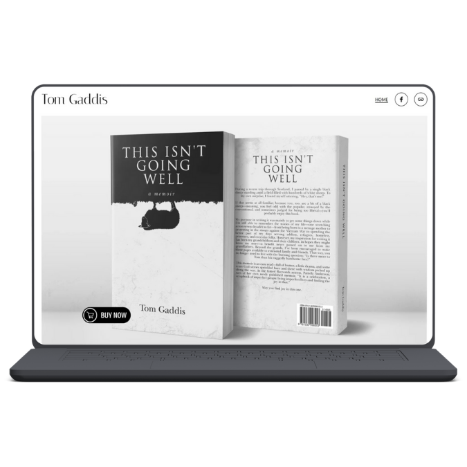 Laptop screen displaying the book "This Isn't Going Well" by Tom Gaddis with a "Buy Now" button.