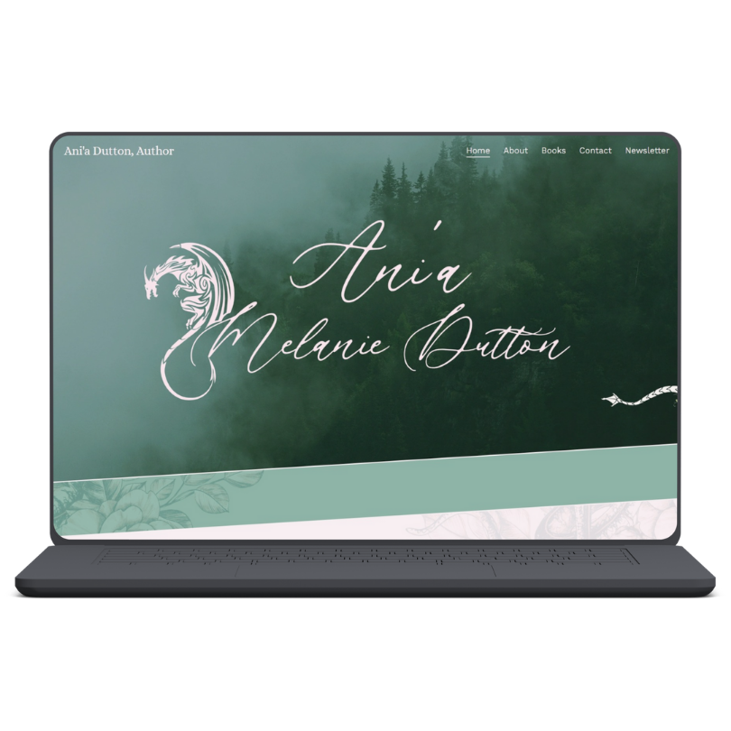 Screenshot of a website homepage for Ani'a Melanie Dutton, an author, featuring a green mountain and forest background with a dragon illustration and elegant handwritten-style text.
