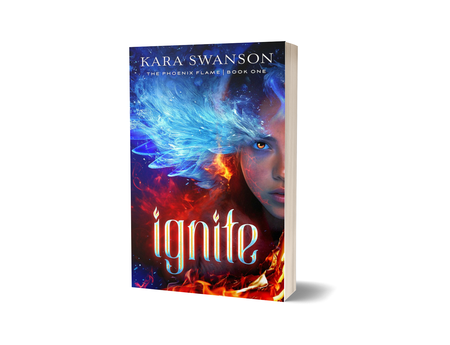 A hardcover book titled 'Ignite' by Kara Swanson. The cover features a young girl with an intense gaze, half her face in shadow. The background is a mix of blue and red flames and magical energy, symbolizing fire and ice.
