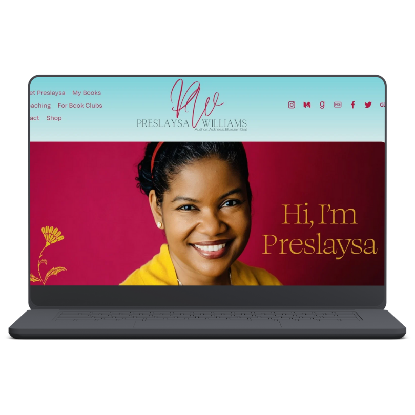 A laptop screen displays the homepage of Preslaysa Williams' website, featuring a portrait of Preslaysa Williams smiling, with the text 'Hi, I'm Preslaysa' on a red background. The website interface includes navigation links and social media icons at the top.