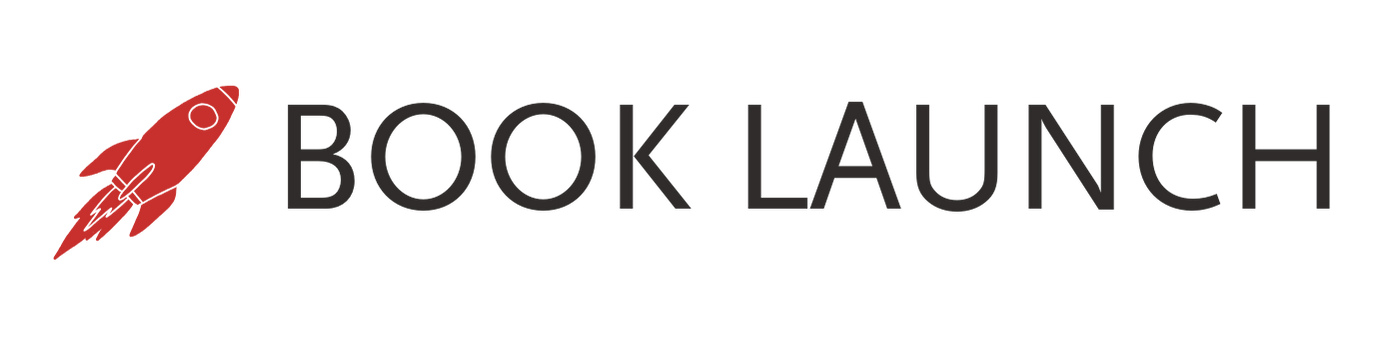 Logo with a red rocket on the left and the text 'Book Launch' in black.