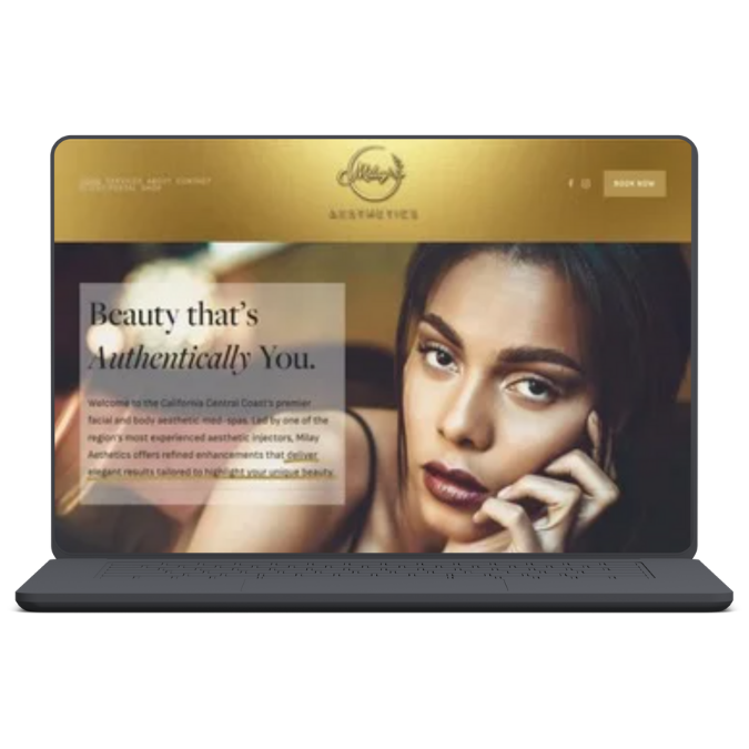 Laptop screen displaying a website for aesthetic services with a close-up of a woman with dark hair, makeup, and a contemplative expression.